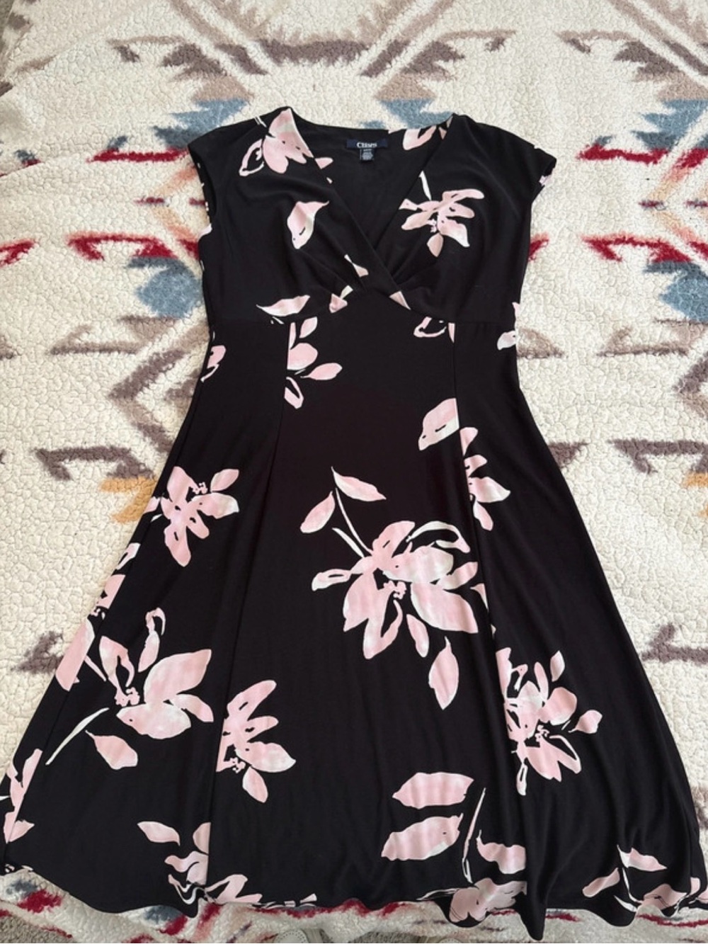 Chaps Black Midi Dress with Pale Pink Floral Print